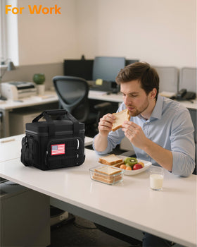 HOTOR lunch box carry options include a padded handle and adjustable shoulder strap.