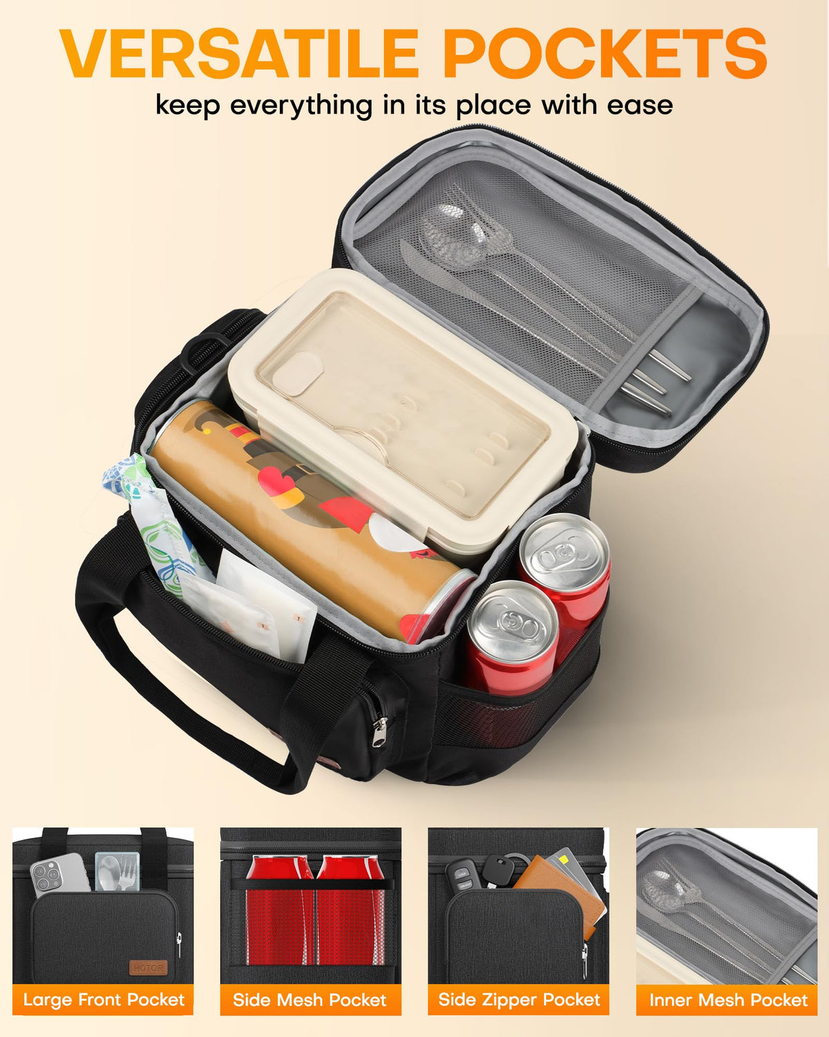HOTOR lunch box with adjustable strap for hands-free carrying.
