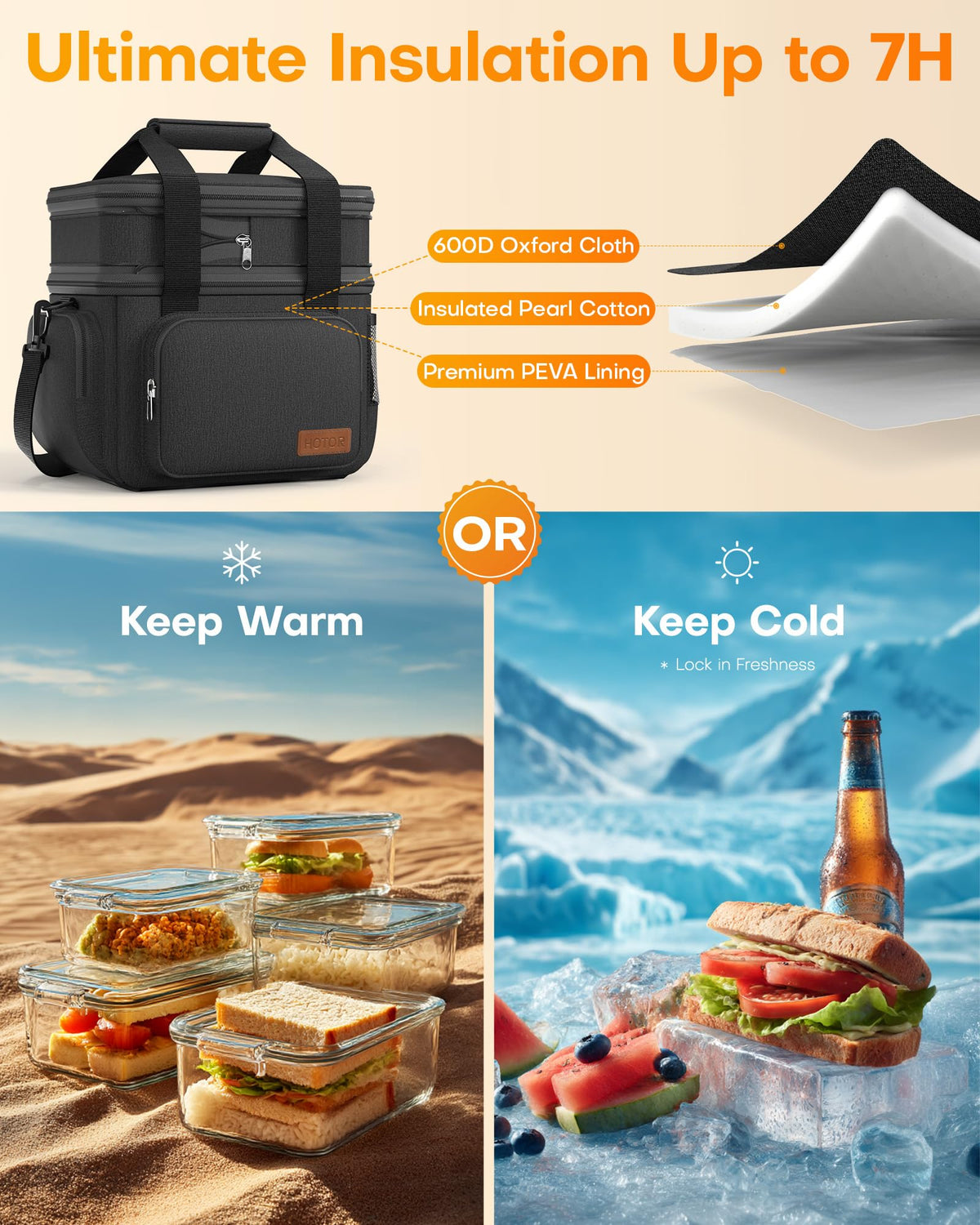 HOTOR lunch box side pocket keeps keys and phone accessible on the go.