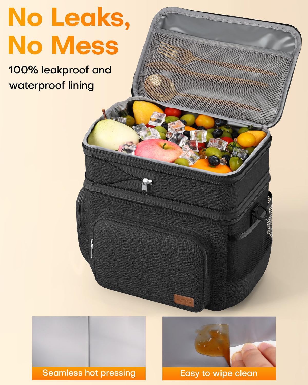 HOTOR lunch box water bottle area keeps drinks upright and reachable.