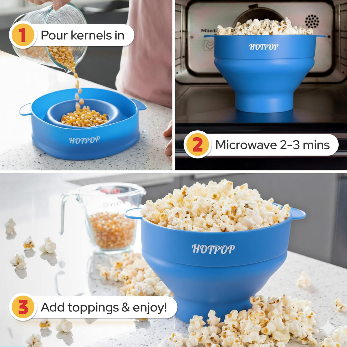 HOTPOP collapsible bowl in azure saves space while serving large batches.