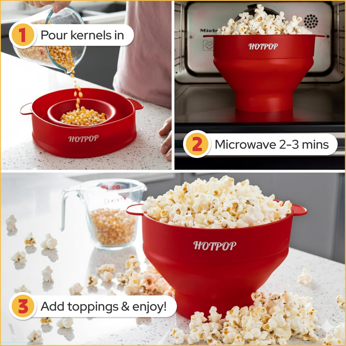 HOTPOP collapsible popper, compact storage ideal for small kitchens.