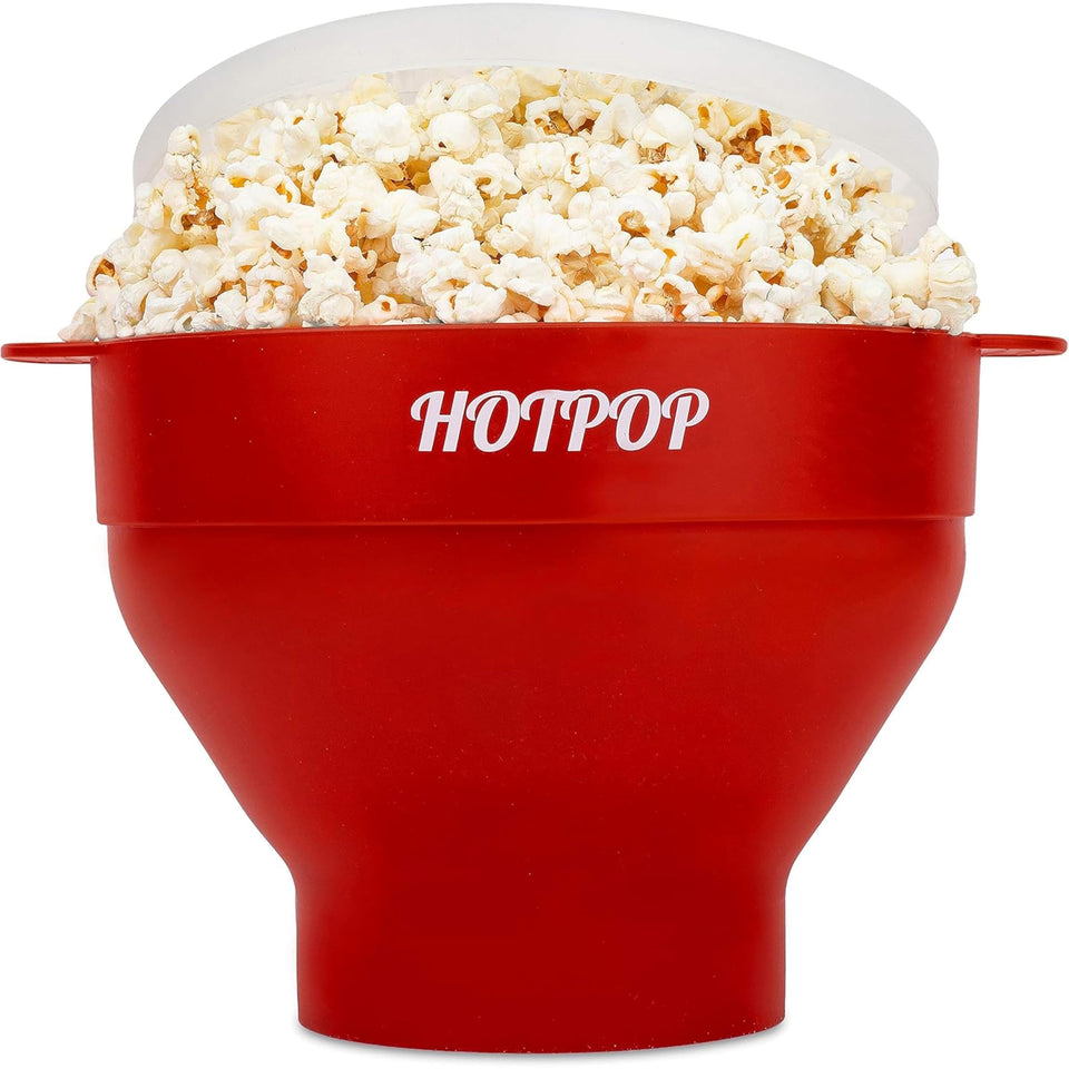 HOTPOP Original silicone popcorn maker in cherry, collapsible bowl for fast, mess-free popcorn.