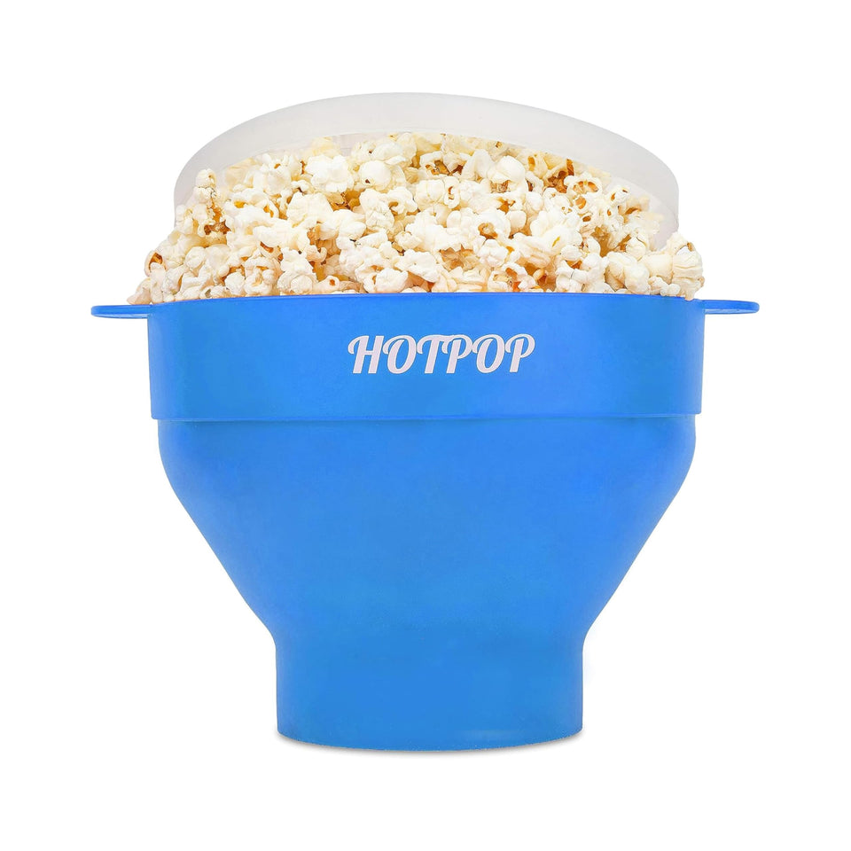 HOTPOP popcorn popper in azure bowl offers quick, healthy snacks.