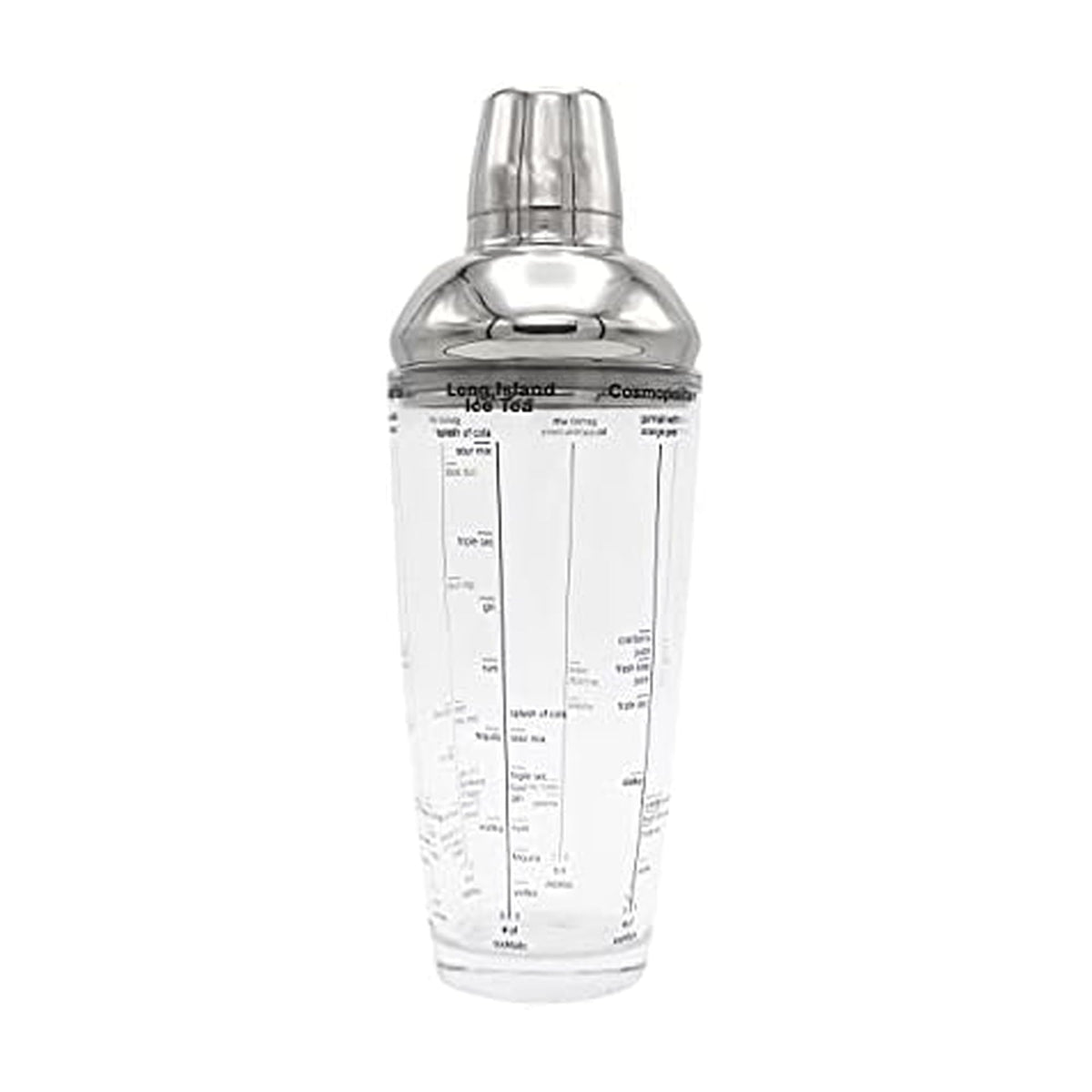 Houdini 24oz glass cocktail shaker top view shows measurement marks for precision.