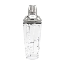 Houdini 24oz glass cocktail shaker top view shows measurement marks for precision.
