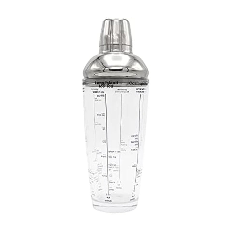 Houdini 24oz glass cocktail shaker top view shows measurement marks for precision.