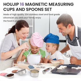 HOUJIP magnetic nesting design keeps cups and spoons organized while cooking.