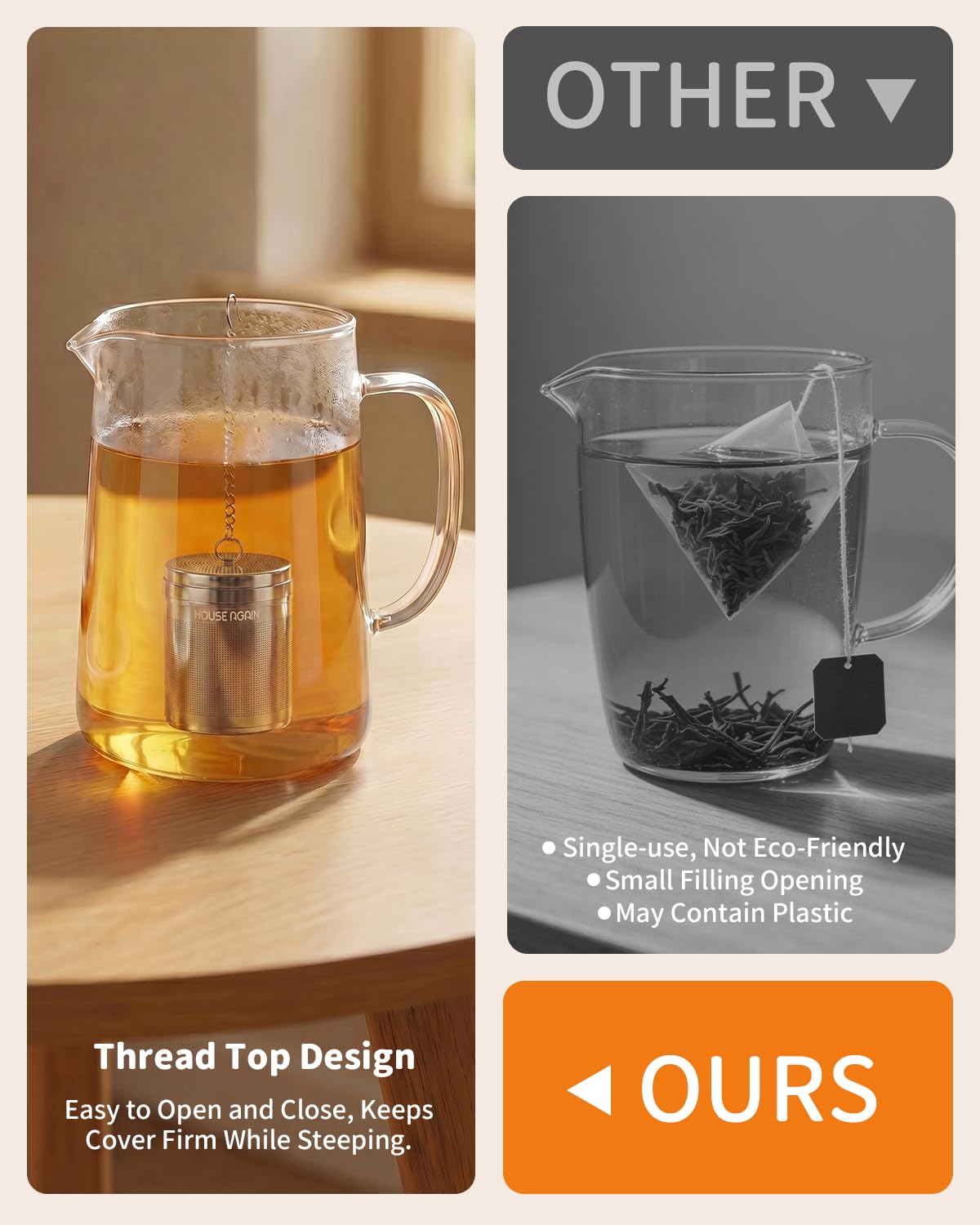 House Again 304 stainless steel tea infuser, rust-resistant and long-lasting.