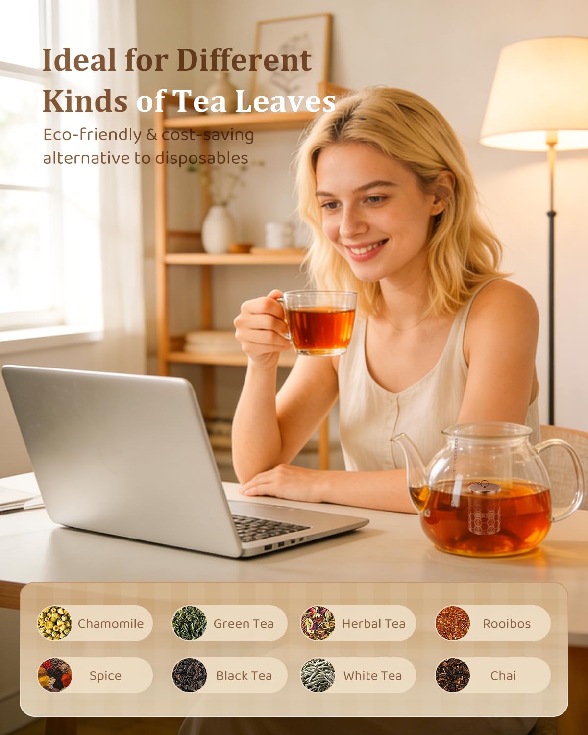 House Again large tea infuser in mug demonstrating easy insertion and full leaf infusion.