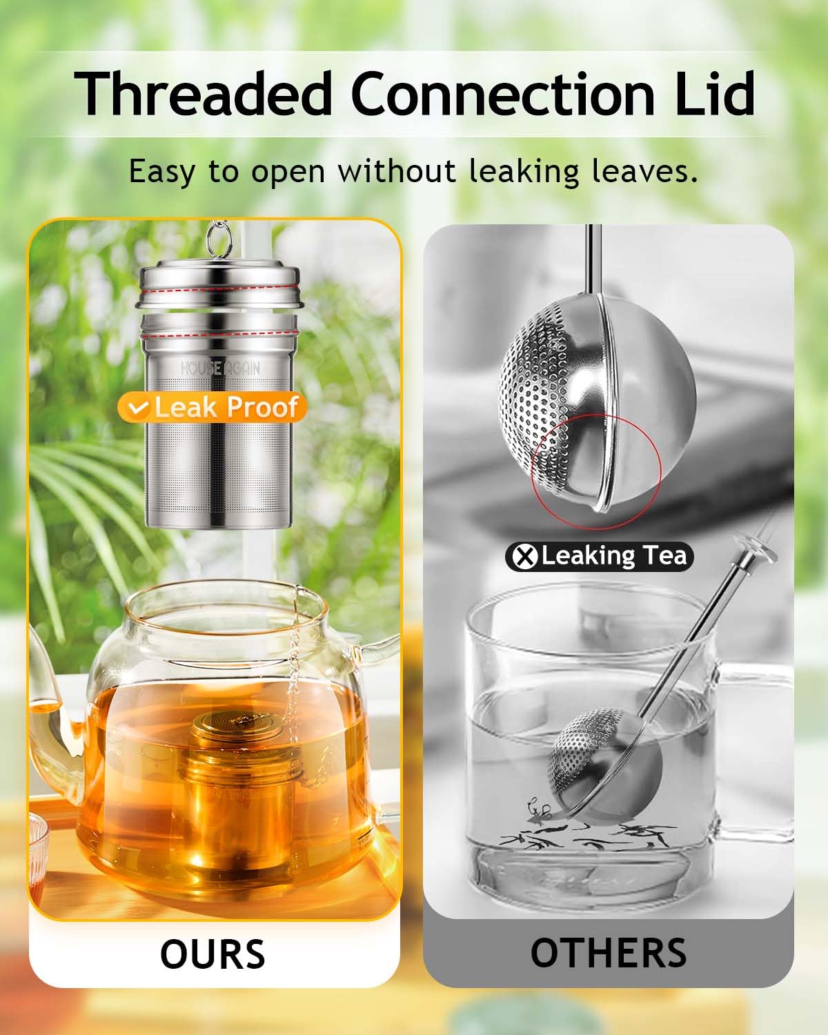 House Again tea infuser with drip tray keeps countertops tidy.