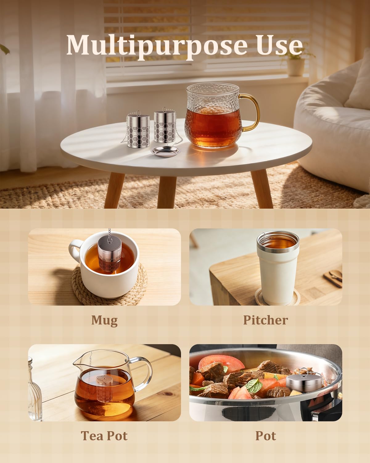 House Again tea infuser with extended chain for larger mugs and teapots.