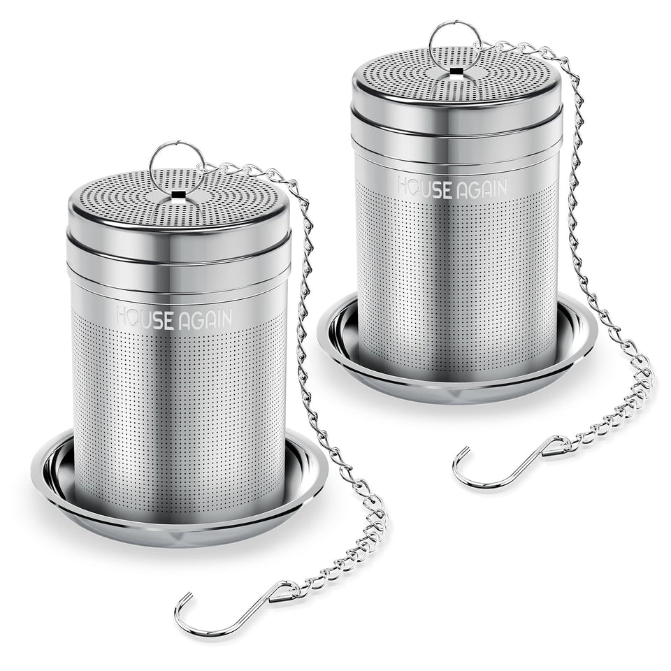 House Again two-pack tea infusers resting beside a cup ready for loose-leaf brewing.