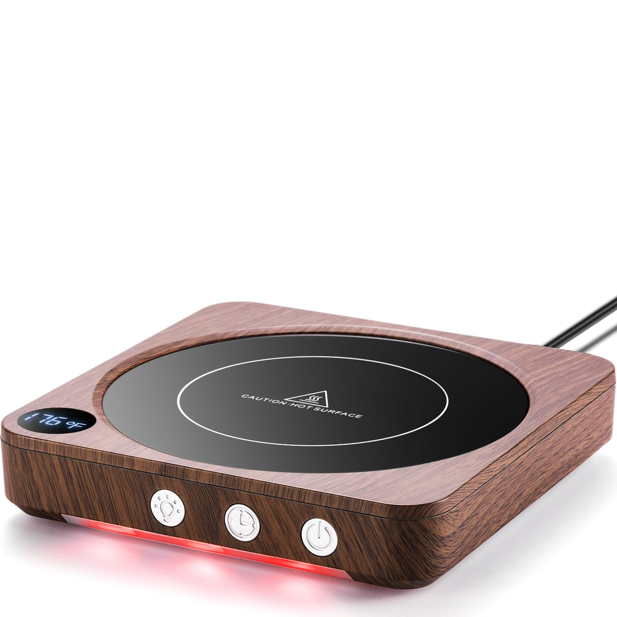 House Gem Mug Warmer with wood finish keeps beverages warm on your desk.