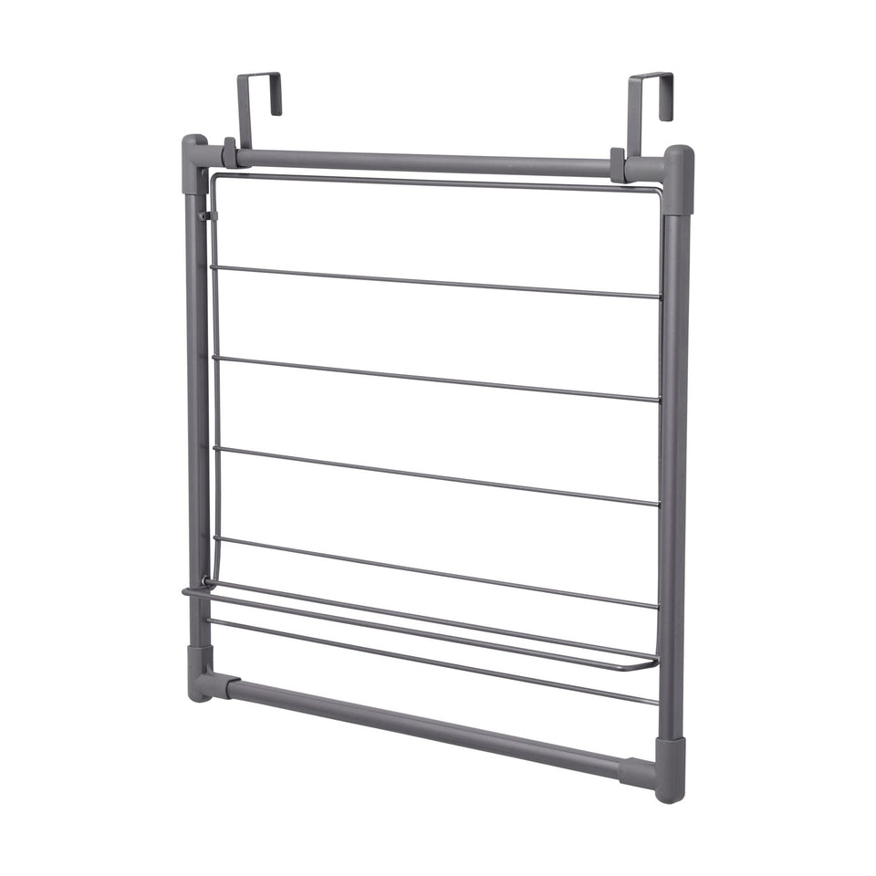 Household Essentials metal expandable over-the-door drying rack in gray, space-saving solution.