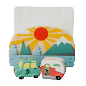 Houseify reversible sun and moon napkin holder adds cheerful campsite ambiance.