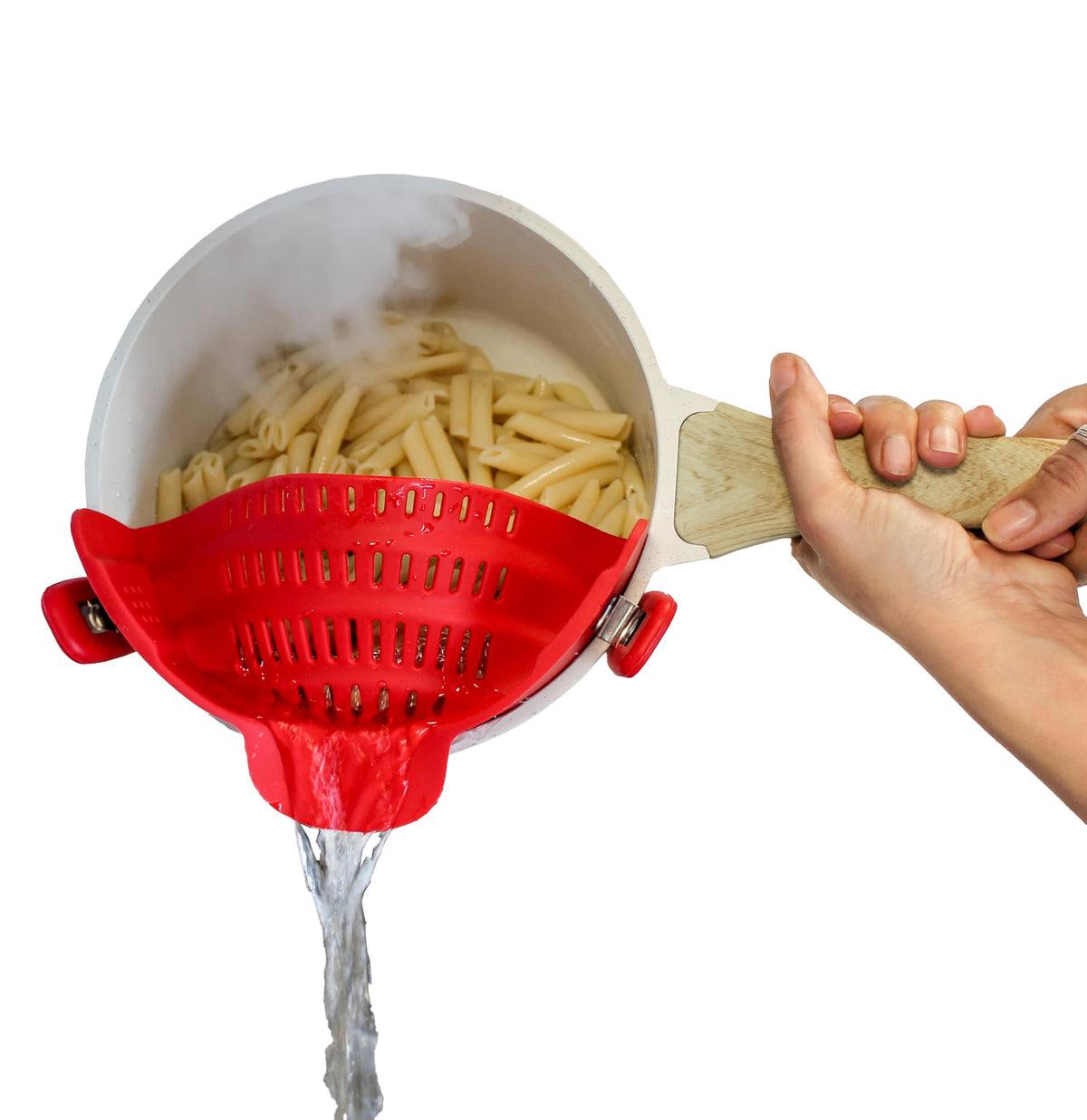 Houseify Perfect Pasta Pal clip-on strainer mounted on pot for mess-free draining.