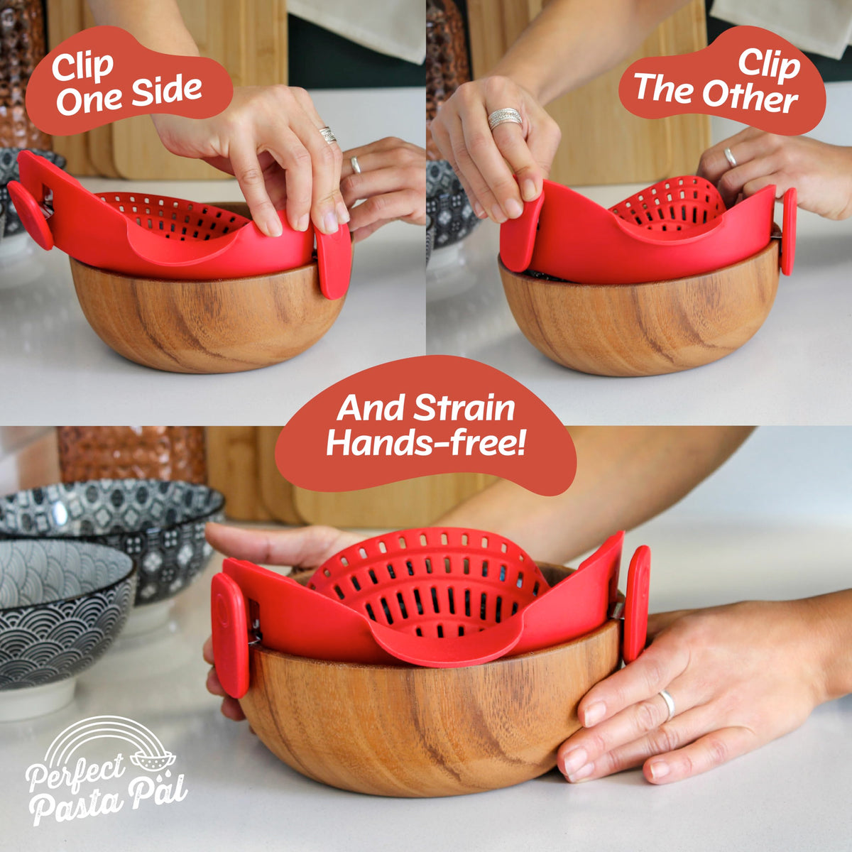 Houseify Perfect Pasta Pal universal clip design fits multiple pot sizes.