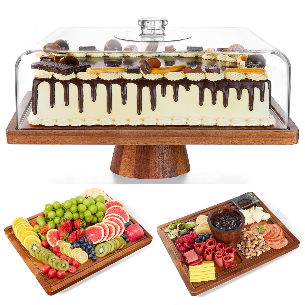 HouseJoy acacia cake stand with lid displays desserts on a 17-inch rectangular surface.