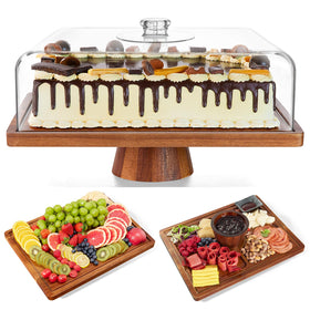 HouseJoy acacia cake stand with lid displays desserts on a 17-inch rectangular surface.
