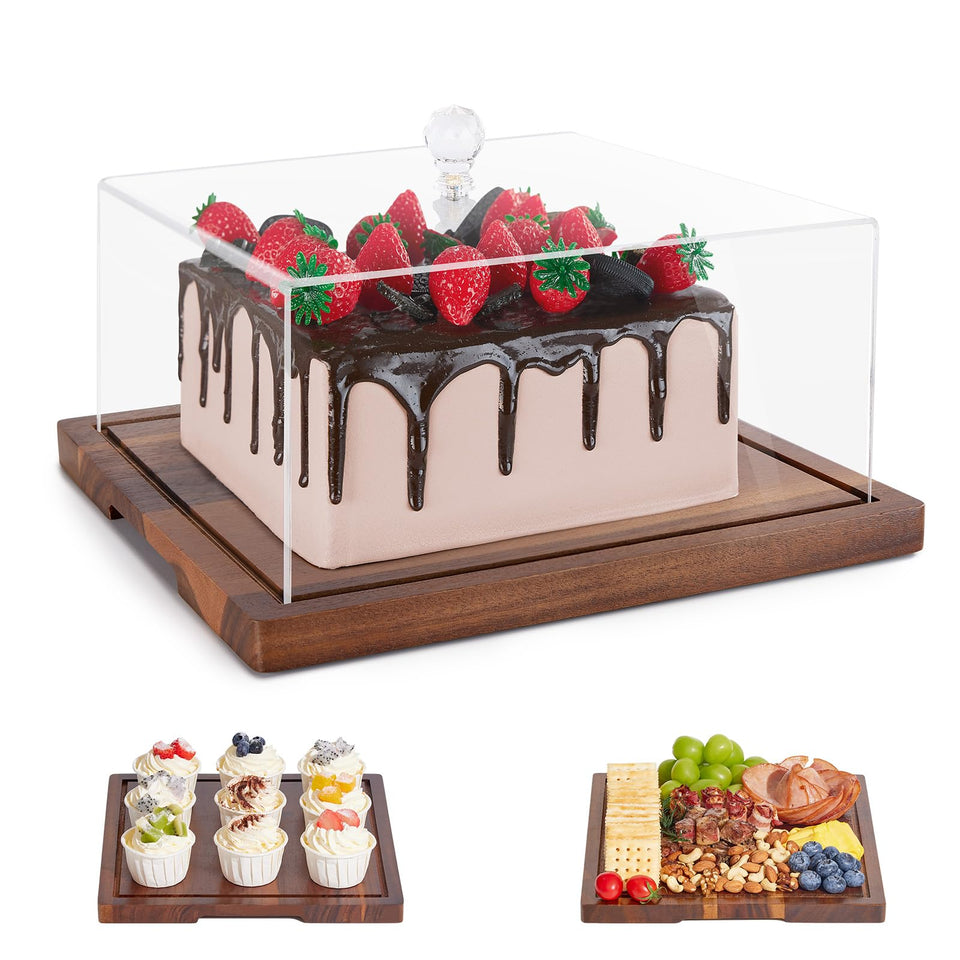 HouseJoy acacia wood cake stand with lid on square display for cakes
