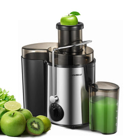 HOUSNAT juicer front view highlights the wide feed chute for quick prep