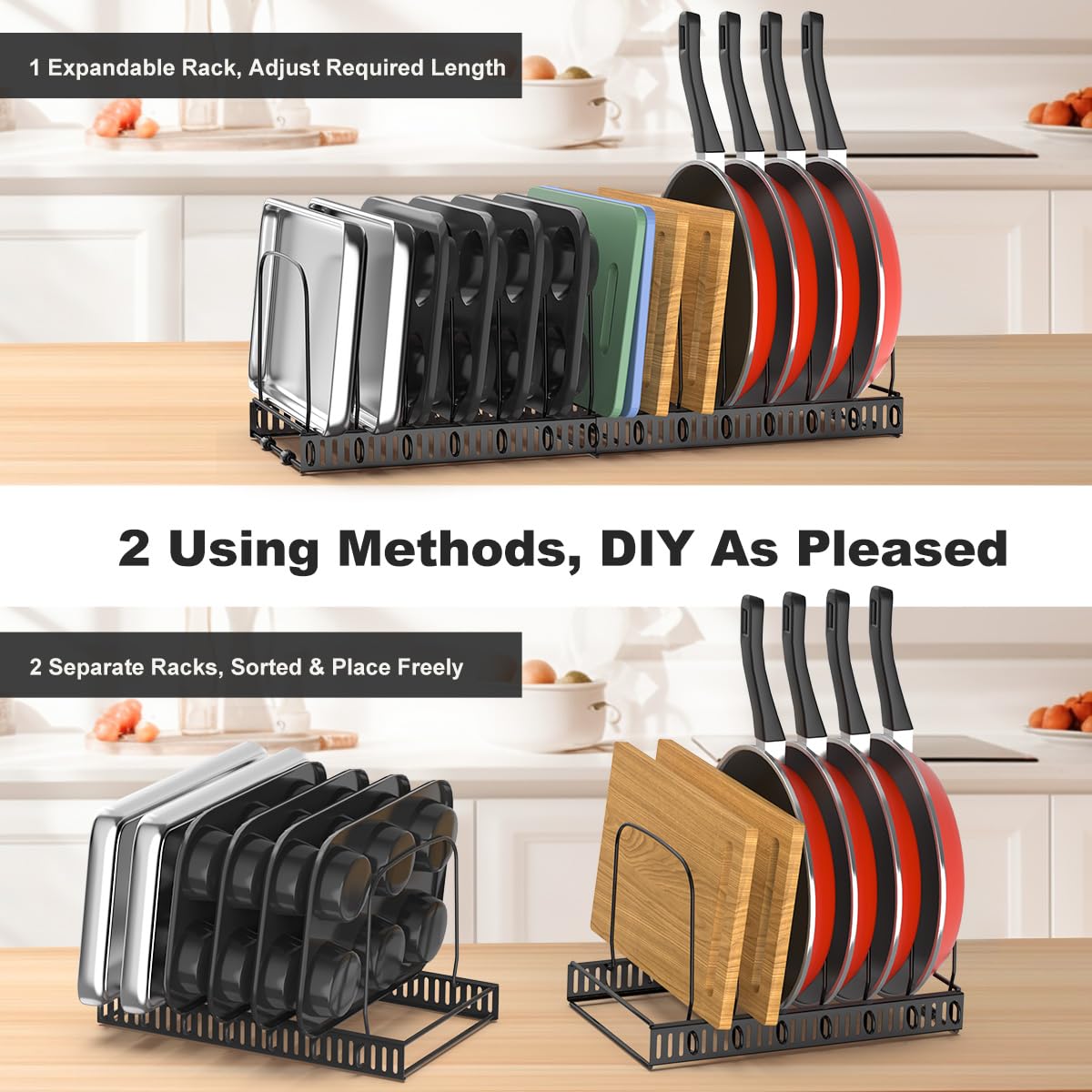 Housolution cookie sheet organizer keeps pans neatly arranged and accessible.