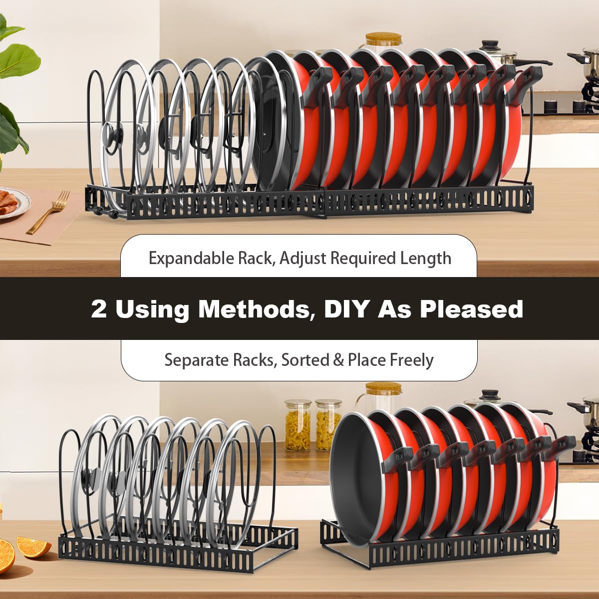 Housolution countertop and cabinet storage keeps cookware organized and accessible.