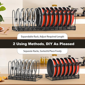 Housolution countertop and cabinet storage keeps cookware organized and accessible.