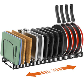 Housolution cutting board organizer rack with 14 adjustable dividers for tidy kitchen storage.
