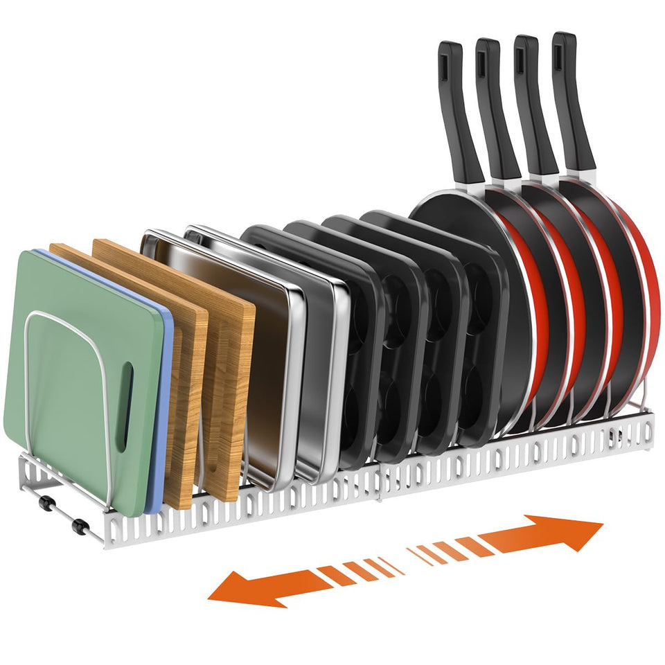 Housolution cutting board organizer rack keeps boards neatly stored and accessible.