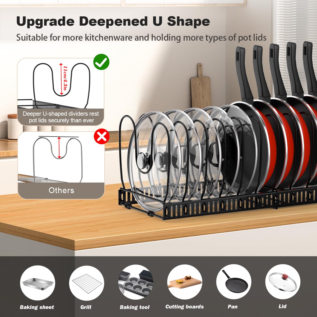 Housolution expandable divider system offers flexible storage for various cookware sizes.