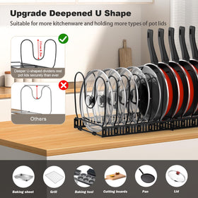 Housolution expandable divider system offers flexible storage for various cookware sizes.