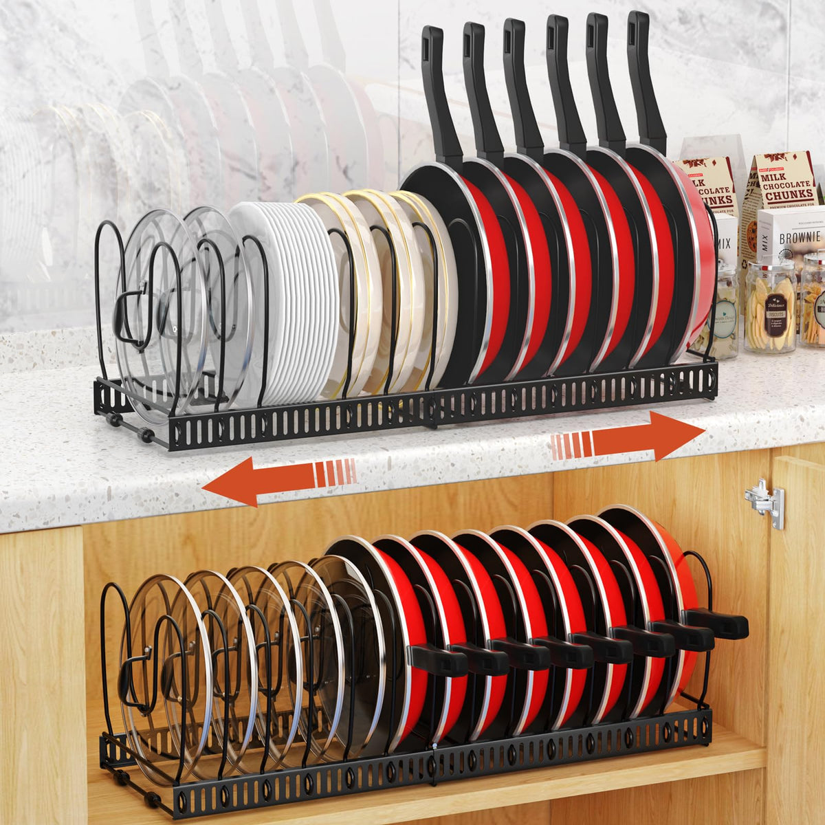 Housolution expandable pot lid organizer displaying adjustable width for versatile kitchen storage