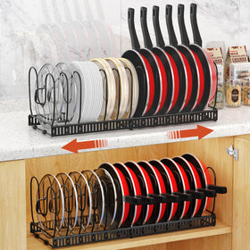 Housolution expandable pot lid organizer displaying adjustable width for versatile kitchen storage