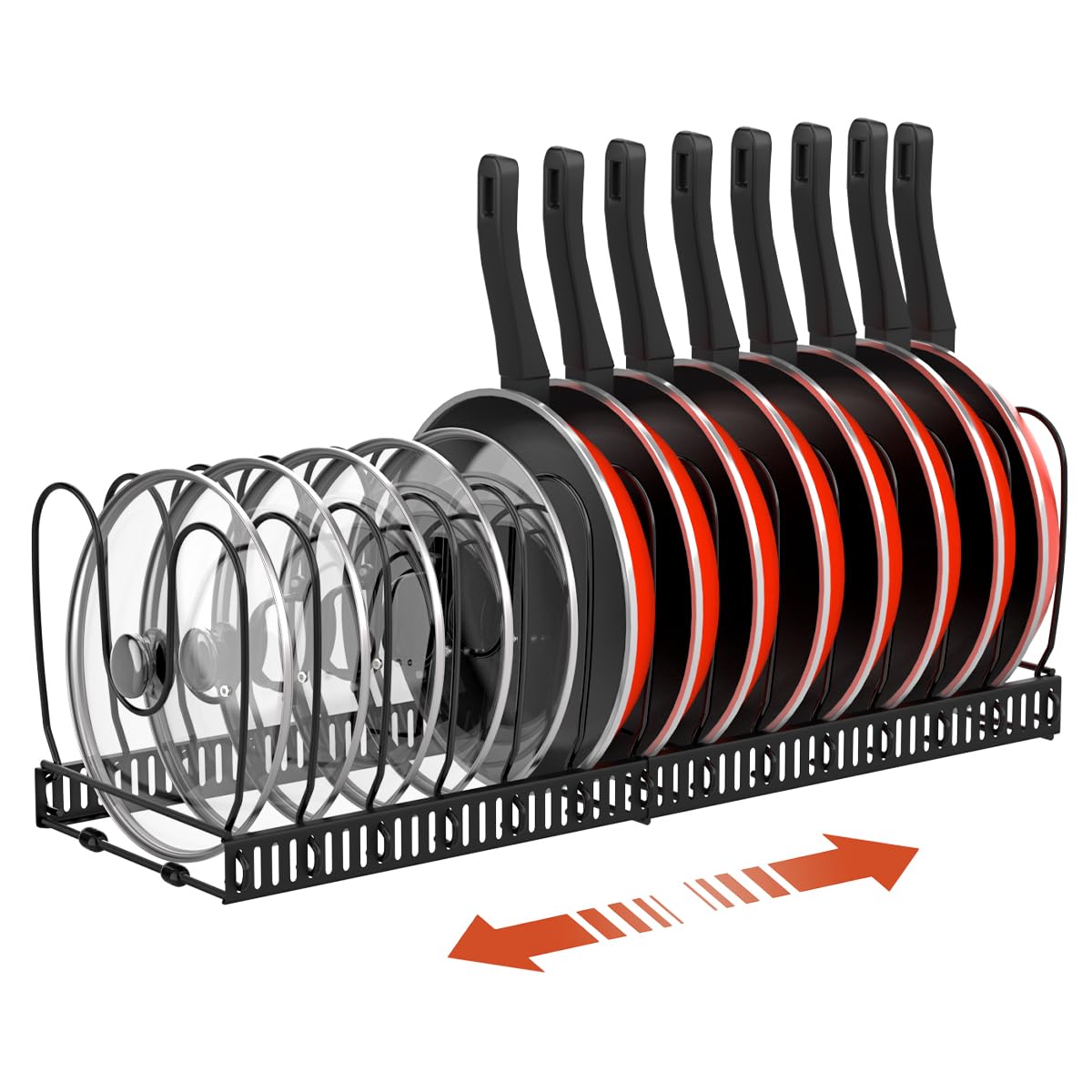 Housolution pot and pan organizer rack, fully expanded, keeps lids and pans within reach.