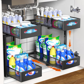 Housolution 2-tier under sink organizer with sliding drawers improves cabinet accessibility.