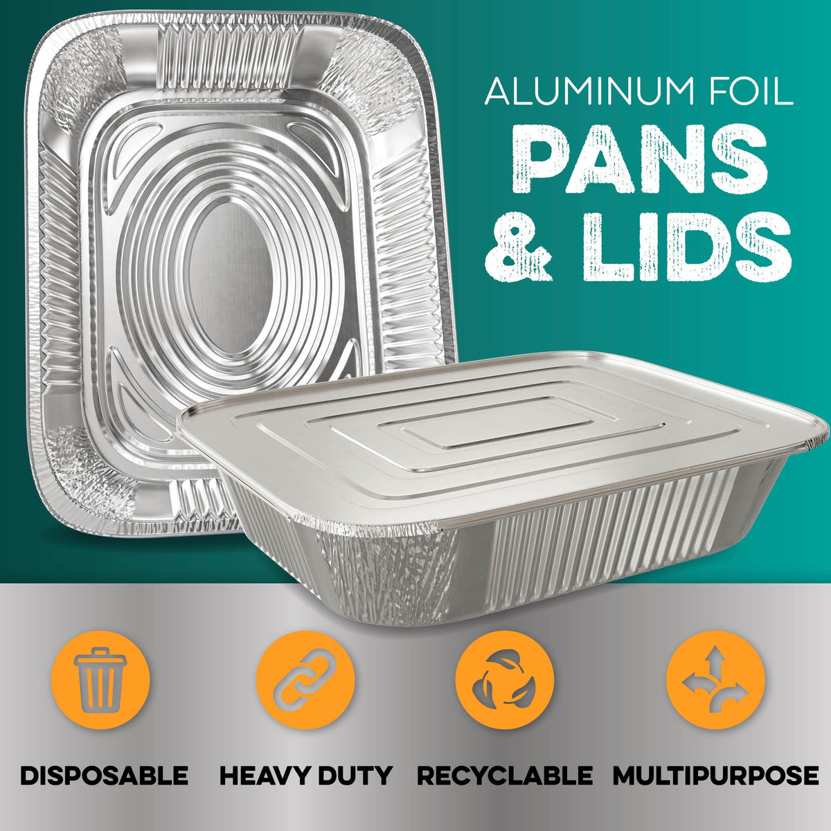 HOUZZKINGZ BPA-free aluminum foil pans for safe heating and easy cleanup.