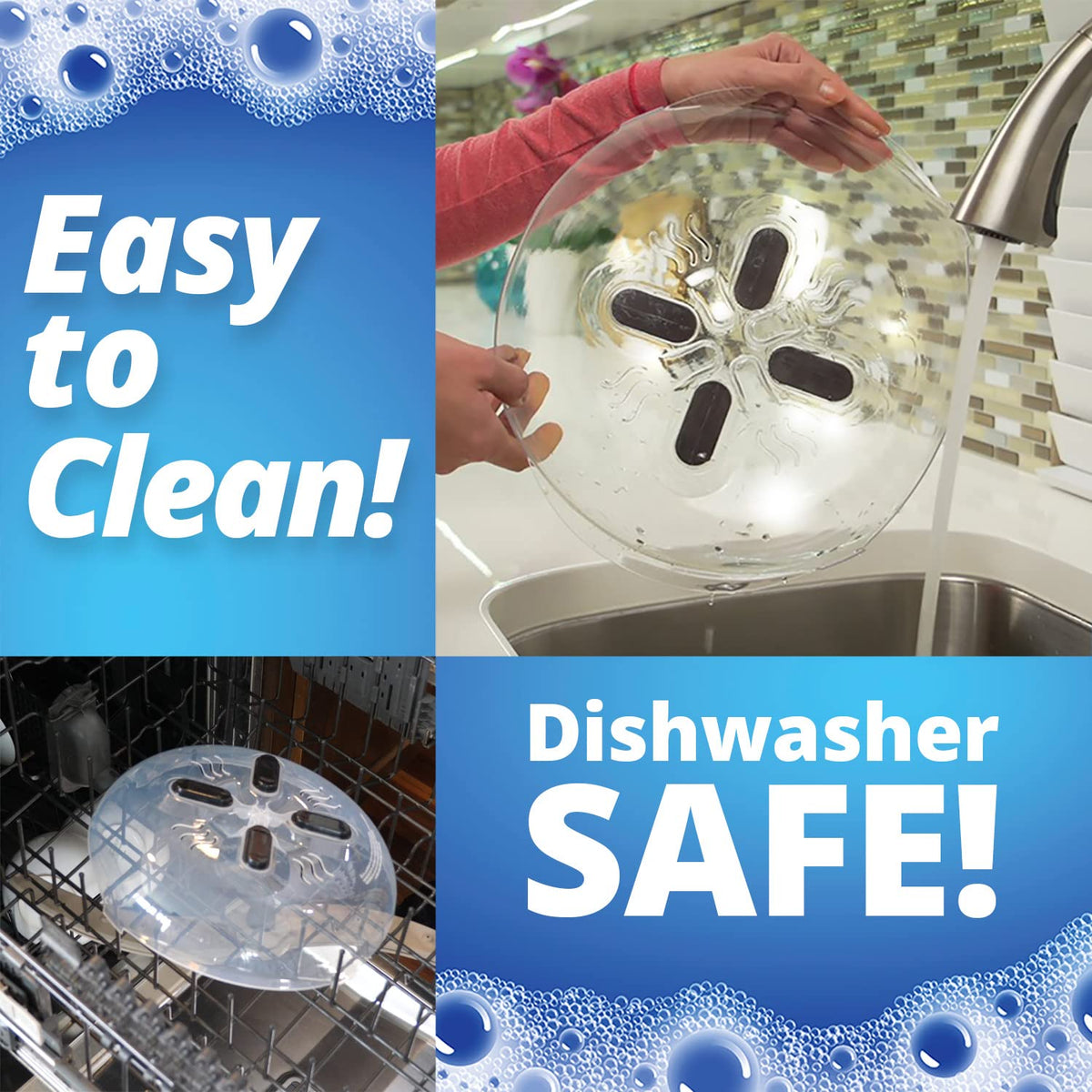 Hover Cover fits standard plates and bowls for safe reheating.