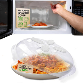 Hover Cover magnetic microwave lid with ivory white finish keeps splatters under control.