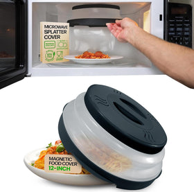 Hover Cover magnetic splatter cover mounted on microwave ceiling showing mess-free reheating
