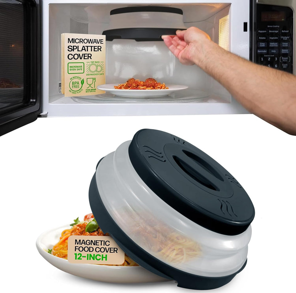 Hover Cover magnetic splatter cover mounted on microwave ceiling showing mess-free reheating