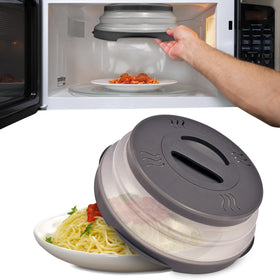 HOVER COVER magnetic splatter lid attached to microwave ceiling showcasing space-saving storage.