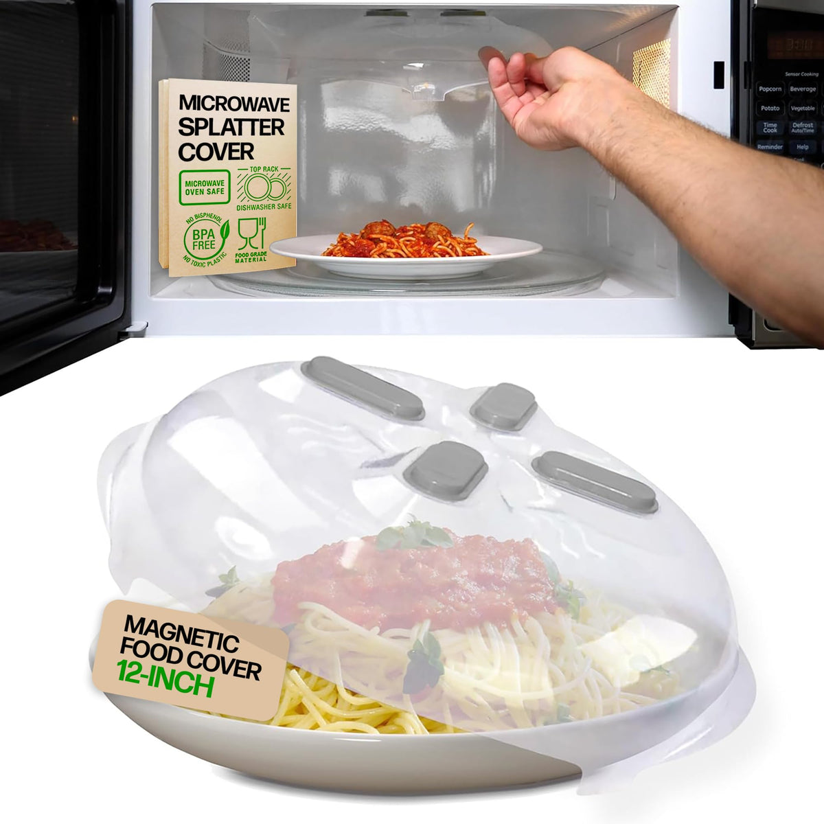 HOVER COVER magnetic splatter cover attached to microwave ceiling for mess-free reheating