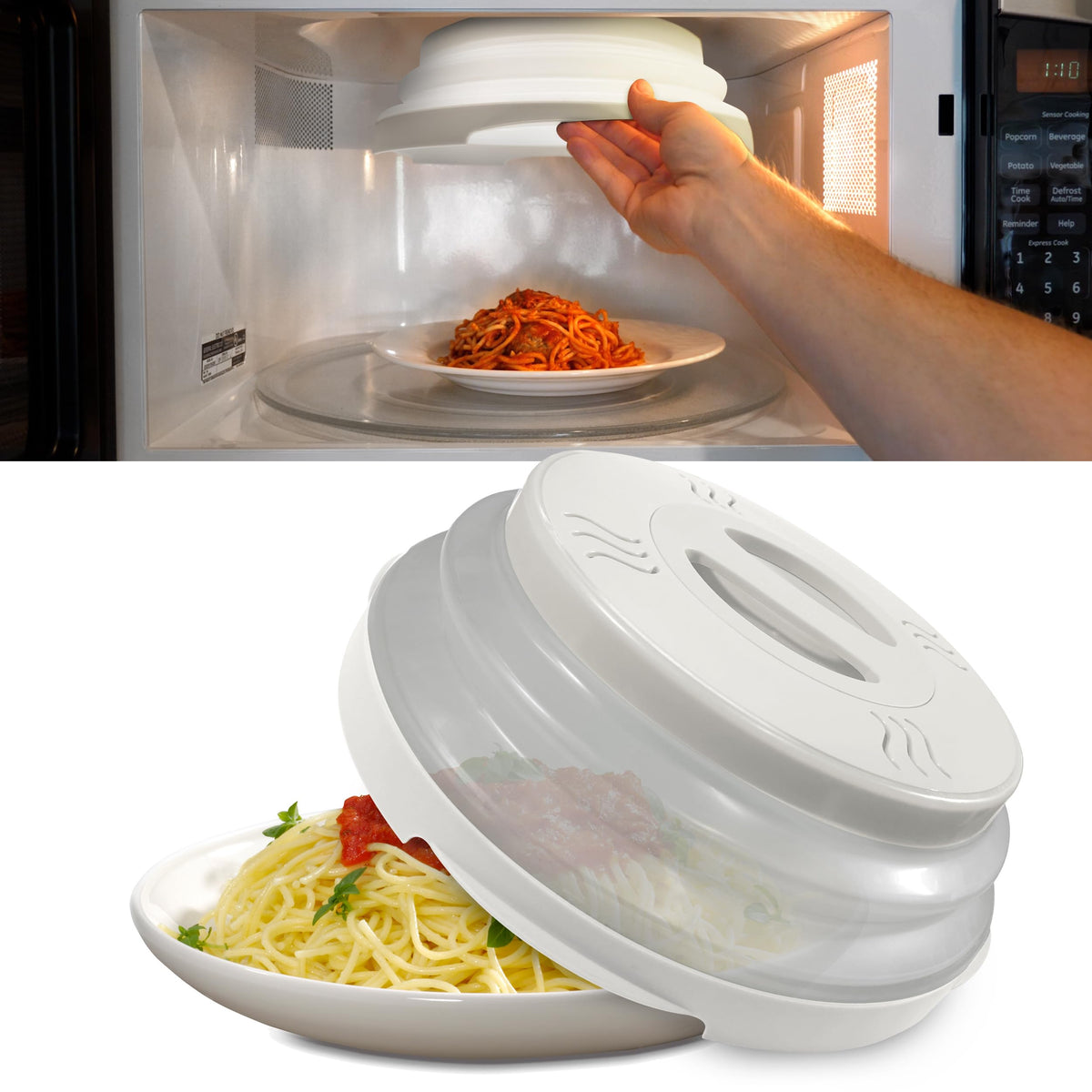 Hover Cover magnetic storage on microwave ceiling for clutter-free storage.
