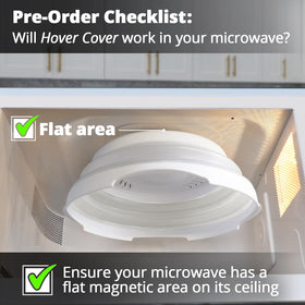 Hover Cover splatter-guard protects microwave from spills during heating.