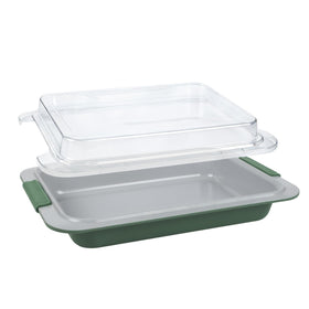 Hovnarh 9x13 baking pan with lid ready for bake, store, and transport.