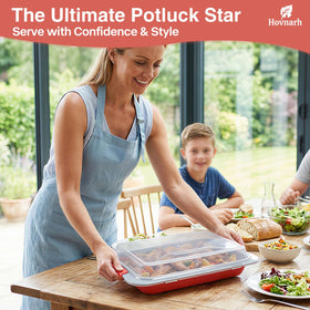Hovnarh coral red pan shown with lid for easy transport of meals