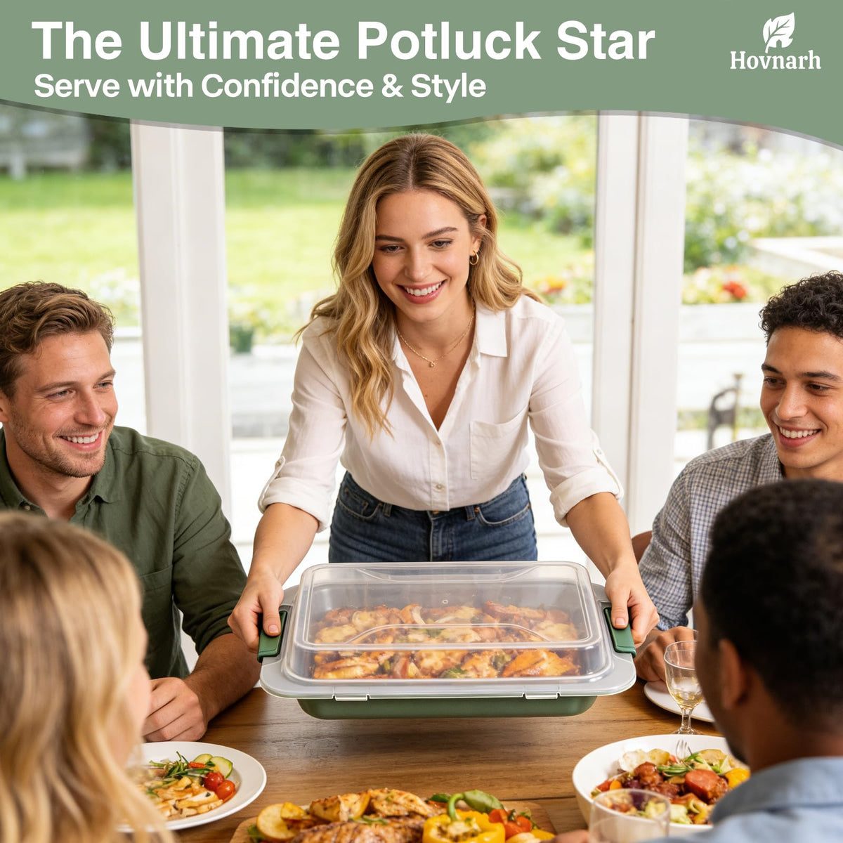 Hovnarh high-dome lid protects toppings during transport.