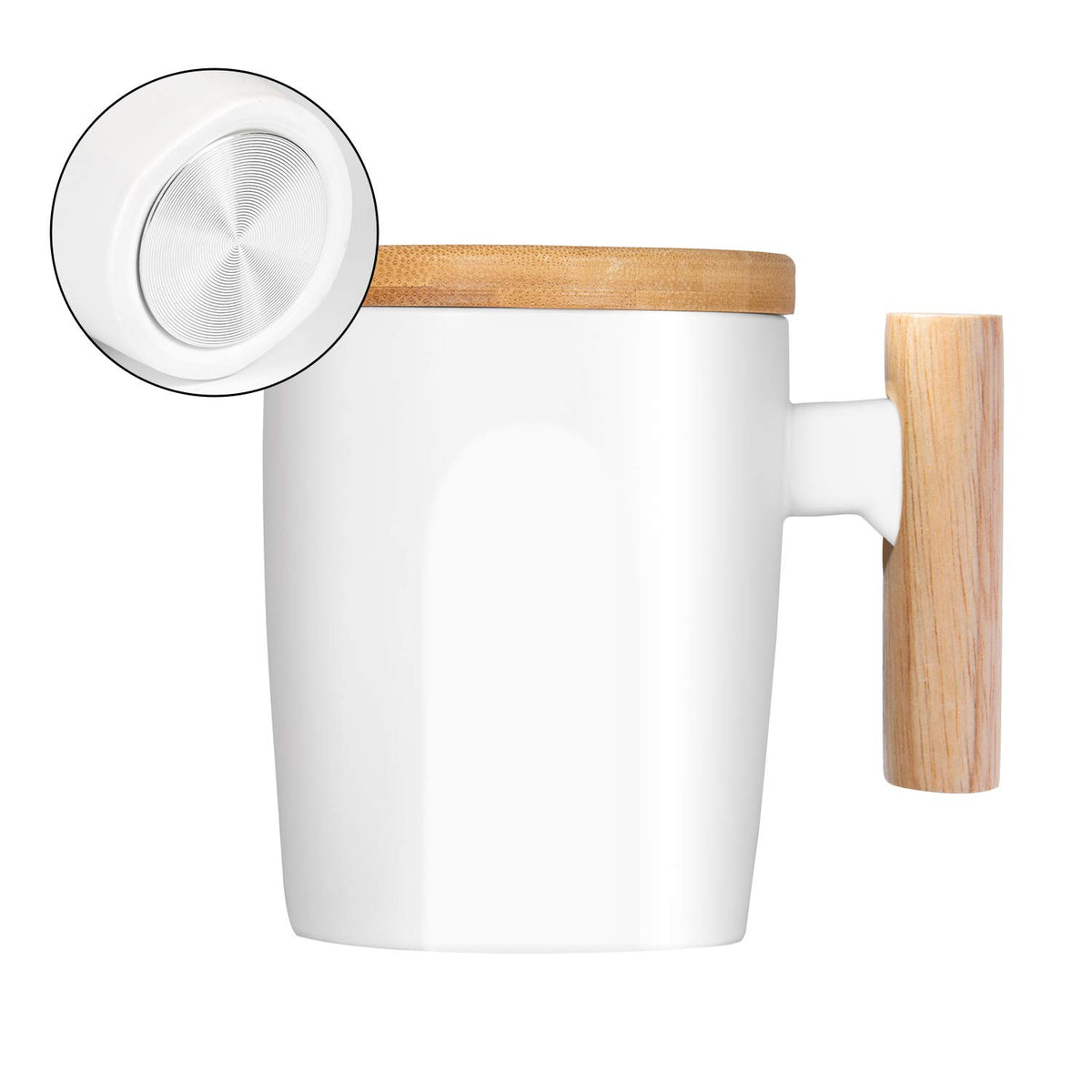HOWAY flat bottom mug with wood lid shows 14oz capacity and heat-friendly design.
